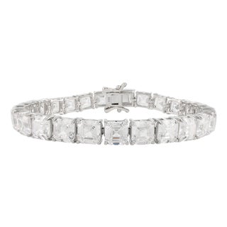 Sparkling Asscher Cut 6x6mm Cubic Zirconia Tennis Bracelet Set in 925 Solid Silver For Sale