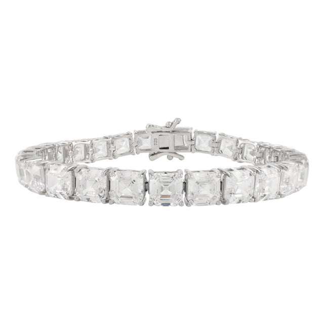 Sparkling Asscher Cut 6x6mm Cubic Zirconia Tennis Bracelet Set in 925 Solid Silver For Sale