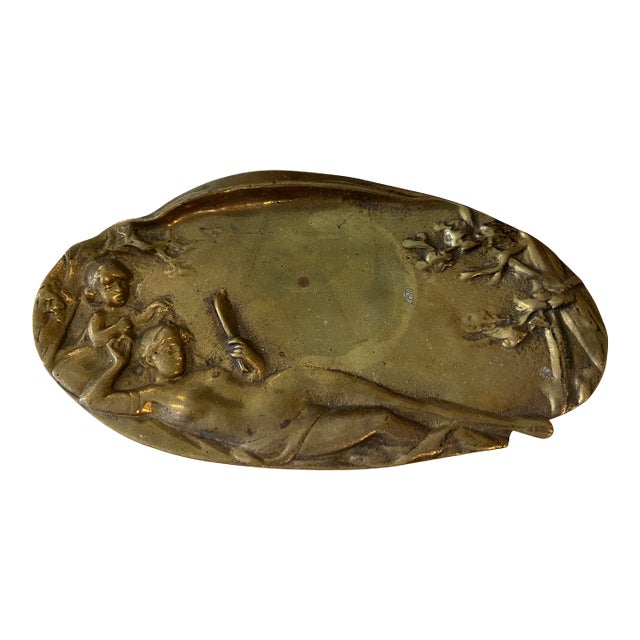 Antique Woman Pin Card Bronze Art Deco Art Nouveau Dish Tray Catchall For Sale