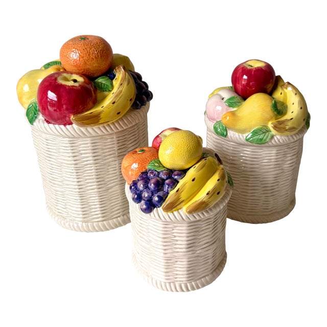 Wicker and Fruit Motif Canisters: Set of 3 For Sale