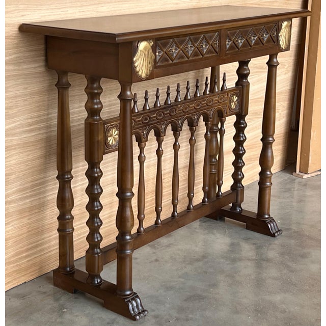 Mid 20th Century Castilian Mid-Century Console in Walnut with Two Front Drawers in Gold Leaf For Sale - Image 18 of 18