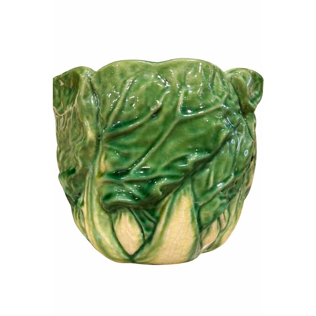 English Vintage Majolica-Style Easter Bunny With Cabbage – Green & Cream Crackle Glazed Ceramic Rabbit, Cottage Garden Decor For Sale - Image 3 of 9