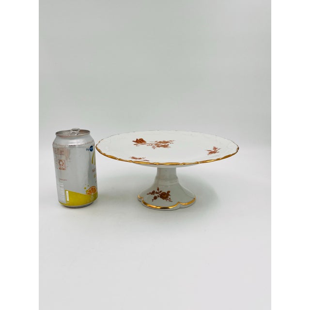French Mid Century Limoges Porcelain Gold Roses Cake Stand For Sale - Image 3 of 11