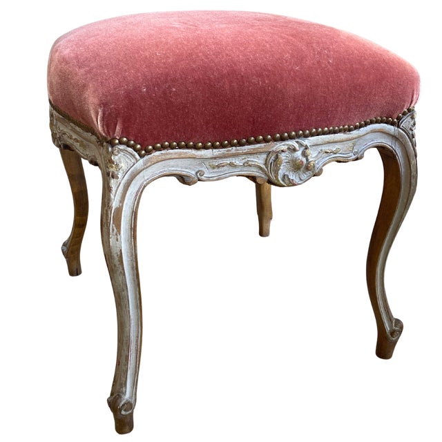 Pair of 19th Century French Provincial Mohair Footstools - Carved Serpentine Frames, Custom Finish and Dusty Rose Upholstery For Sale - Image 10 of 16