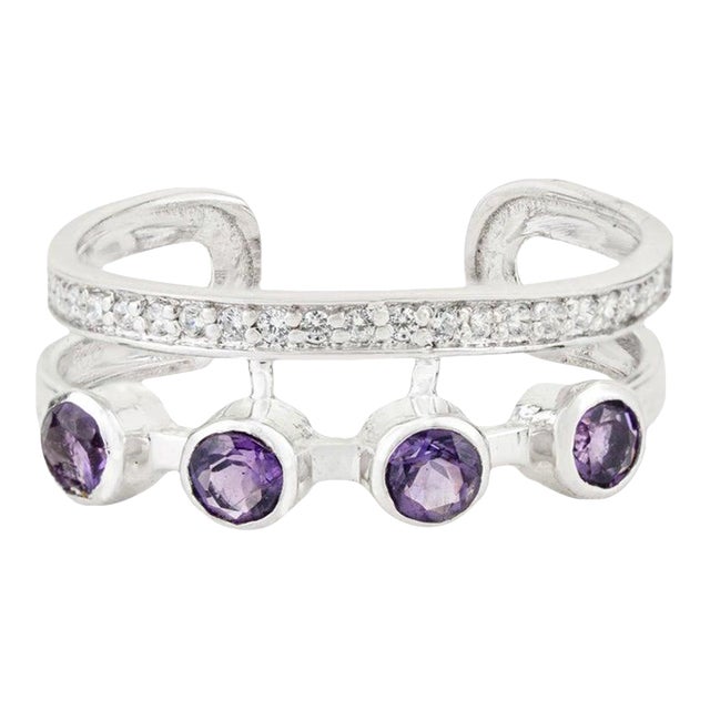 Dainty Amethyst & Zircon Open Cuff Ring in 925 Silver, Size 6 For Sale