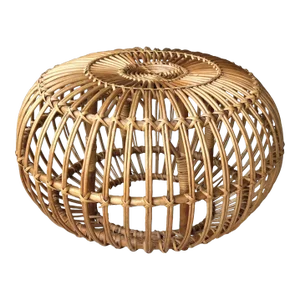 Mid 20th-Century Franco Albini Attributed Rattan Ottoman With 18” Circular Glass Tabletop