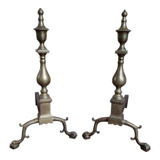 Virginia Metalcrafters Harvin Colonial Williamsburg Brass Andirons With Ball and Claw Feet - A Pair For Sale
