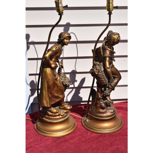 1950s Pair L&F Moreau Art Nouveau Brass Spelter Lamps For Sale - Image 10 of 11