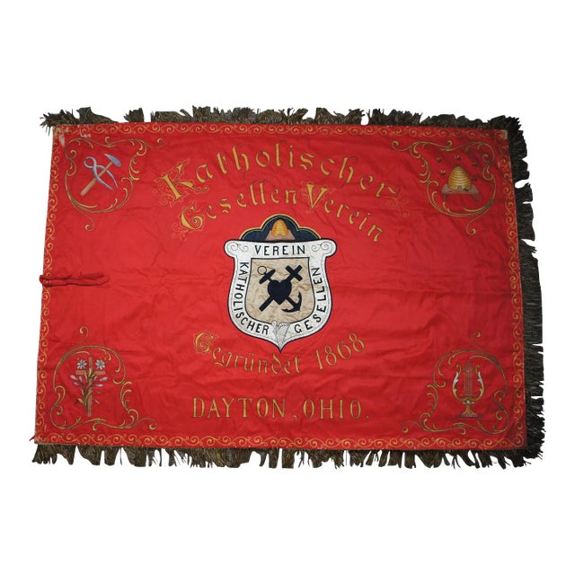 Early 20th Century German Catholic Journeymen Association Dayton Ohio Embroidered Flag For Sale