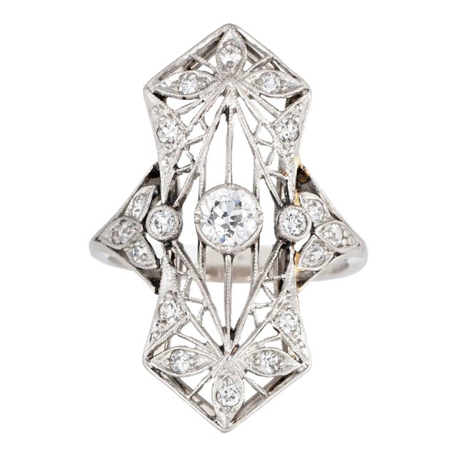 Antique Edwardian Diamond Ring Platinum Flower Design Vintage Plaque Jewellery 5 size 5 For Sale