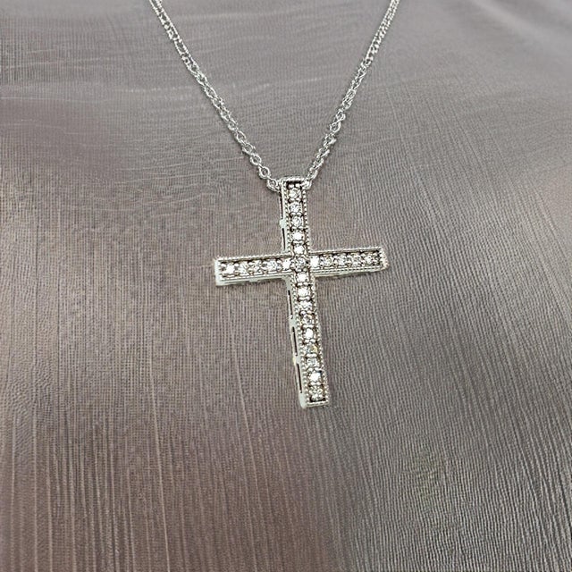 Natural Diamond Cross Pendant with Chain 17" 14k W Gold 0.25 CT Certified For Sale - Image 10 of 14