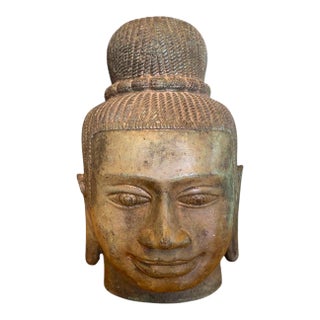 Antique Style Bronze Khmer Buddha Head Statue - Baphuon Style For Sale