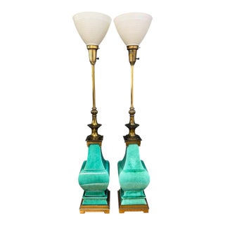 1950s Pair of Ceramic and Brass Table Lamps by Edwin Cole for Stiffel Mid Century For Sale