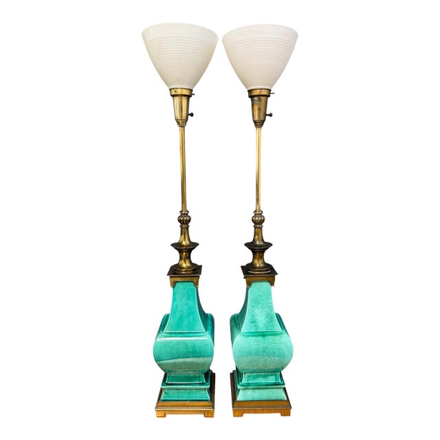 1950s Pair of Ceramic and Brass Table Lamps by Edwin Cole for Stiffel Mid Century For Sale