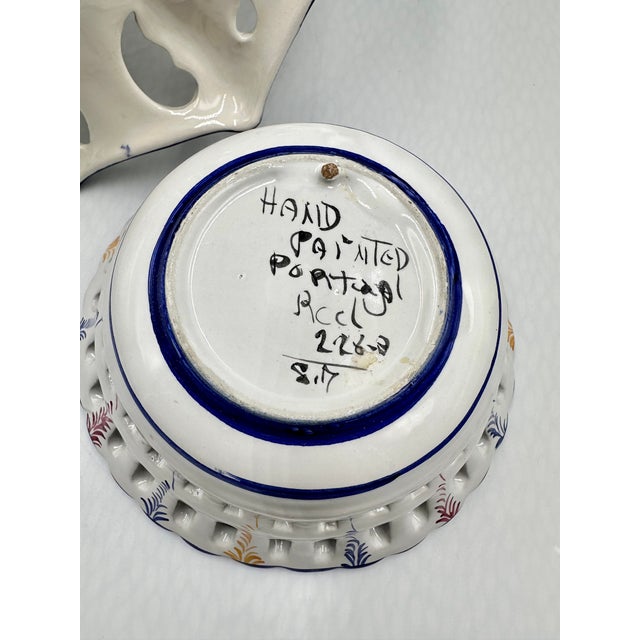 Ceramic RCCL Ceramic Hand Painted Floral Fruit Basket Braided Handle & Bowl Set Portugal For Sale - Image 7 of 8