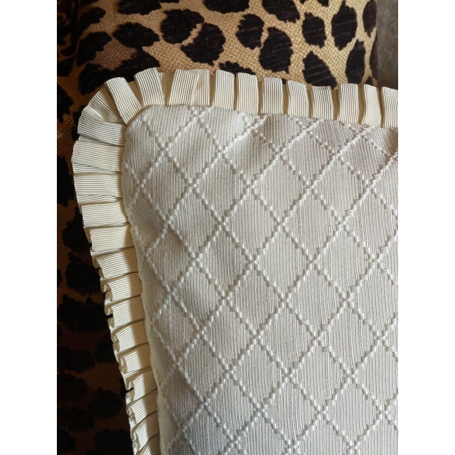 Vintage Cream Colored Diamond Pique Rectangle Bolster Pillow With Trim For Sale In Nashville - Image 6 of 9