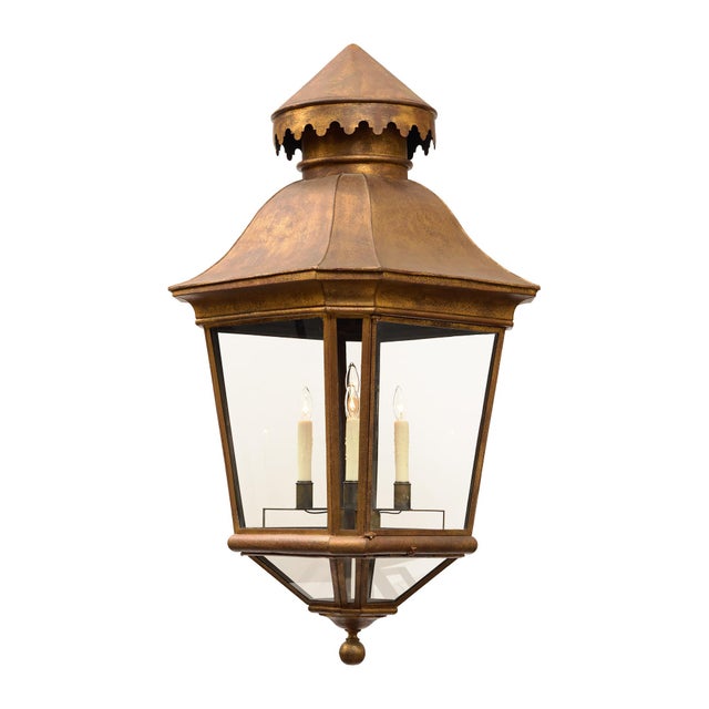French Grande French Antique Brass and Glass Lantern, Circa 1920 For Sale - Image 3 of 9