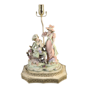 Antique Figural Romantic Couple Statue Porcelain Boudoir Table Lamp