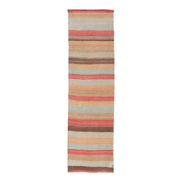 Vintage Turkish Kilim Runner With Coral, Tan and Soft Blue Stripes For Sale
