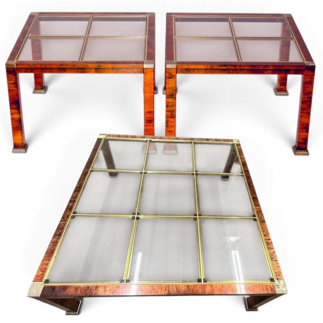 Copper Rare 1970s Hollywood Regency Flamed Burl Wood, Copper, Brass, and Glass 4-Piece Table Set For Sale - Image 8 of 12