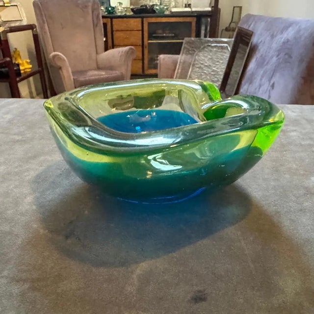 Lime 1970s Modern Blue and Green Lime Sommerso Murano Glass Ashtray by Seguso For Sale - Image 8 of 11