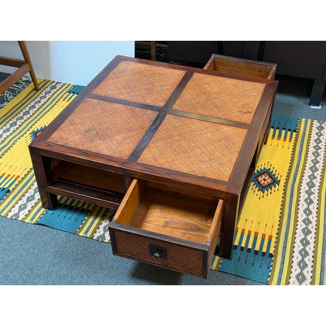 Chinese-Style Woven Rattan Four-Drawer Coffee Table, Vintage For Sale In San Francisco - Image 6 of 12