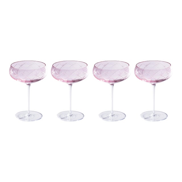 Audrey 4-Piece Set Hand Etched Coupe Glasses, Blush Luster For Sale