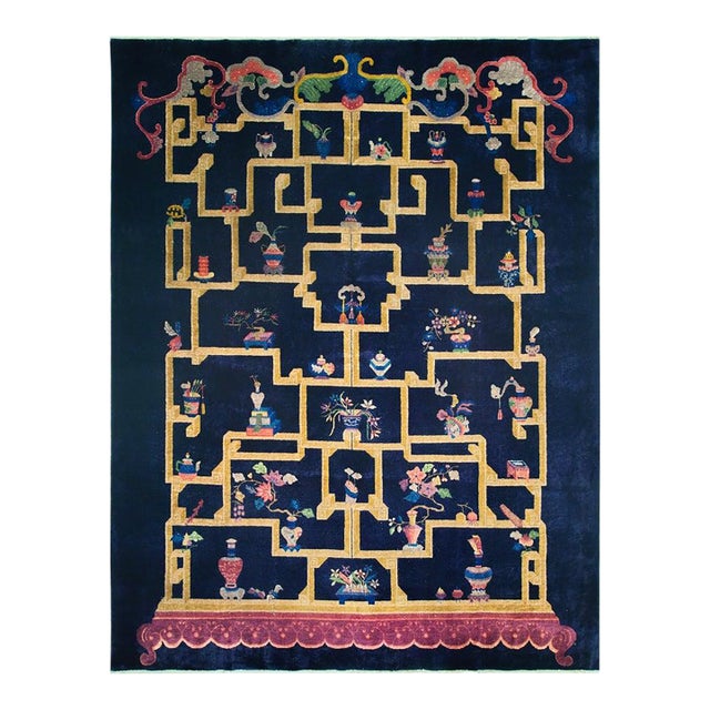 Special Shelf With Details of Chinese Culture in a Black Fiedl Antique Art Deco Rug For Sale