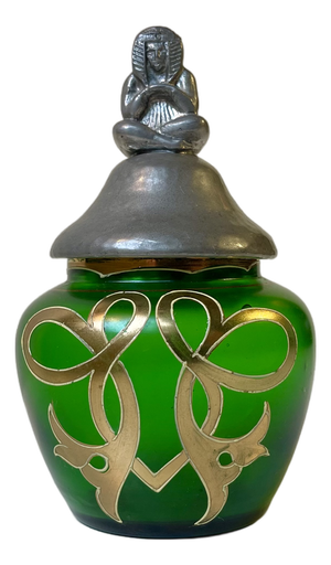 French Jugendstil Vanity Trinket Jar in Green Glass and Pewter, 1890s