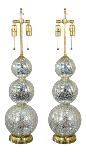 Crackled Mercury Glass Sphere Lamps - A Pair