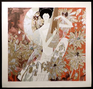 1990s "Melody in White" Figurative Hand Signed Serigraph by Huang Guanyu