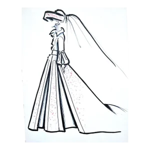 1980s French Original Fashion Drawing-Gouache, Ink, Matted