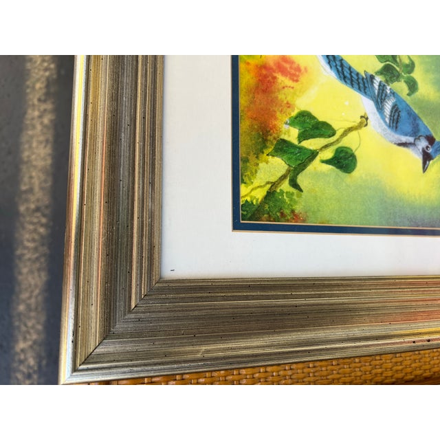 Late 20th Century Framed Colorful Painting of Blue Jay Bird & Birdhouse Signed - Pair For Sale - Image 4 of 8
