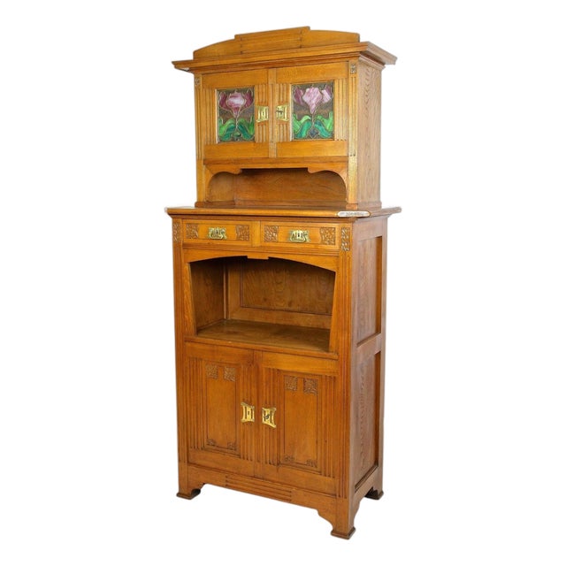 Art Nouveau Buffet in Oak and Tiffany Style Glass, 1910s For Sale