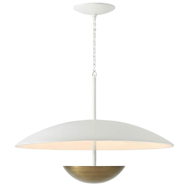 Bowl chandelier with a textured white composite canopy above a bronze-finished steel bowl. With a painted chain and...