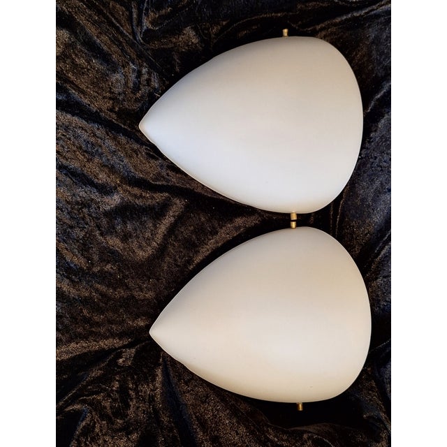 Vintage Minimalist Ceiling Lamps with Opaque White Glass Shades on Brass Brackets, 2000s, Set of 2 For Sale - Image 4 of 7
