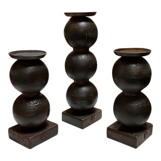 Jan Barboglio Antique Iron Cannonball Candleholders, a Set of Three For Sale