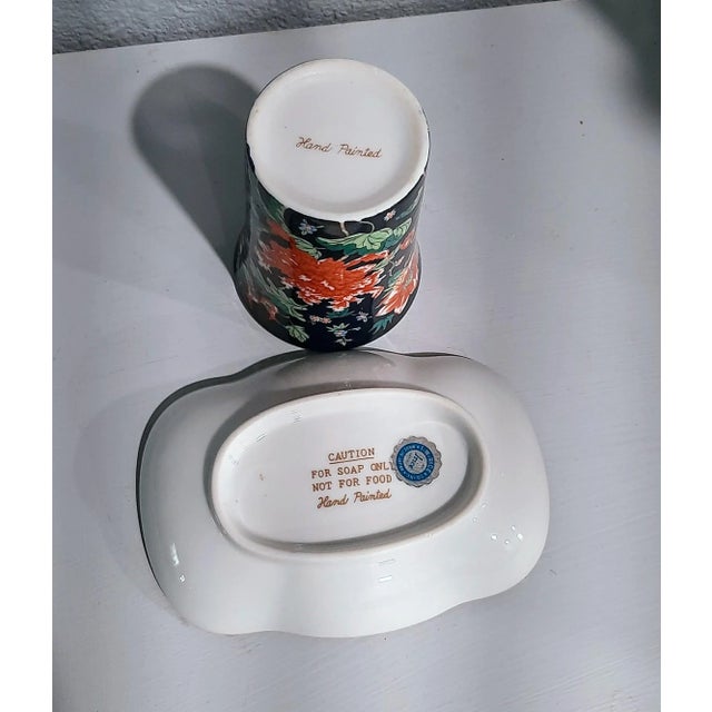 Irice Chinoserie Navy Orange Floral Soap Dish and Cup Add a touch of elegance to your bathroom with this exquisite Irice...