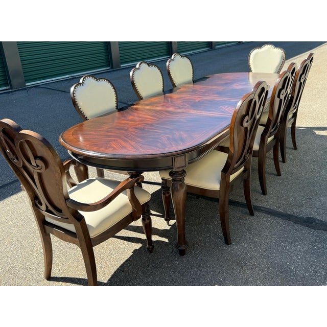 American Hooker Furniture Leesburg Oval Dark Wood Dining Table & 8 Leesburg Mahogany Wood Brown Italian Leather Dining Chairs - Set of 9 For Sale - Image 3 of 13