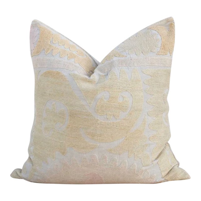 Pale Dawn Large Vintage Suzani Pillow For Sale