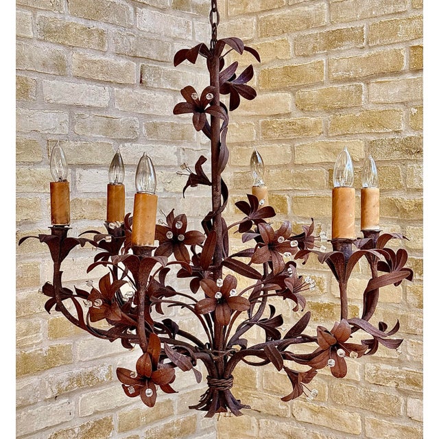 Vintage Italian Tôle Chandelier With Rustic Metal Leaves and Floral Motifs Accented With Crystals, 6 Lights For Sale - Image 12 of 12