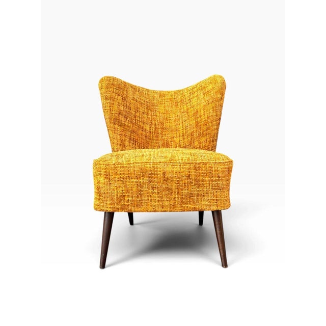 Pair of Danish Modern Cocktail Chairs | Curved Winged Backs in Golden Mustard Tweed | Tapered Wood Legs | C. 1950s For Sale - Image 6 of 15
