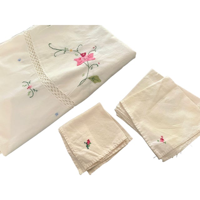 Pink Vintage Linen Tablecloth – Pink Floral Appliqué and Cutwork, 92" For Sale - Image 8 of 9