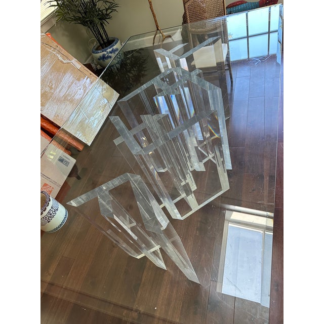 Glass 1980s Lucite Pedestals Base Glass Top Dining Conference Table For Sale - Image 7 of 8