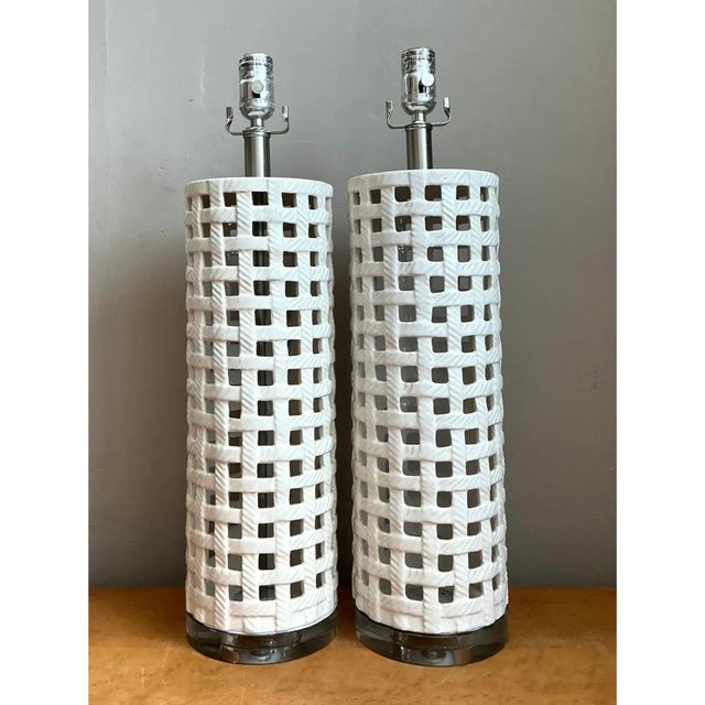 Early 21st Century Vintage Lattice Ceramic and Chrome Lamps - Pair For Sale - Image 5 of 12