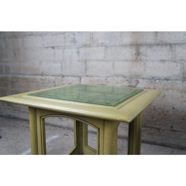 1980s Hekman Distressed Green French Brocade Glass Top Side Accent Tables - Set of 2 For Sale - Image 10 of 13