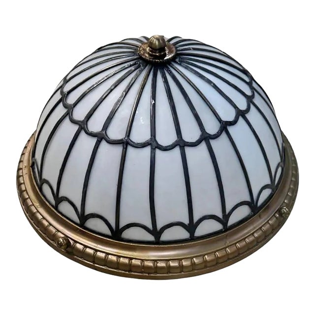 1900 Leaded Glass Light Fixture Flush Mount For Sale
