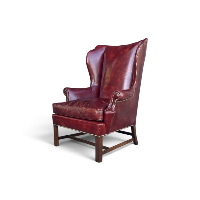 Vintage Burgundy Leather Wingback Chair With Brass Nailhead Trim by Baker For Sale - Image 12 of 18