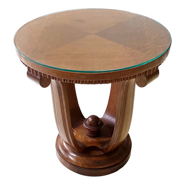 Art Deco Round Oak Durmast and Glass Coffee Table, Italy, 1940s For Sale