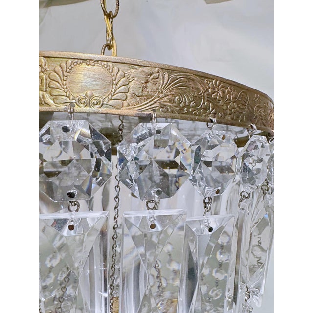 Vintage Hollywood Regency Neoclassical Brass Tiered Crystal Basket Chandelier For Sale - Image 4 of 8